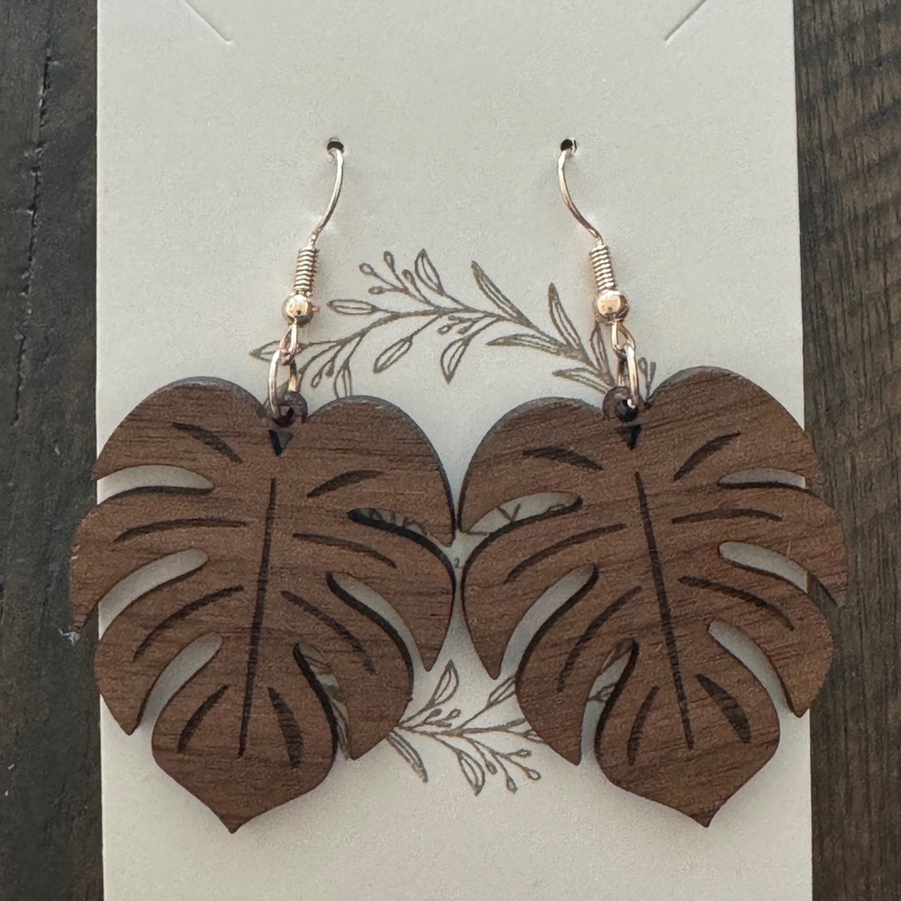 Natural Brown Walnut Wood Monstera Leaf Earrings - Picture 3 of 3